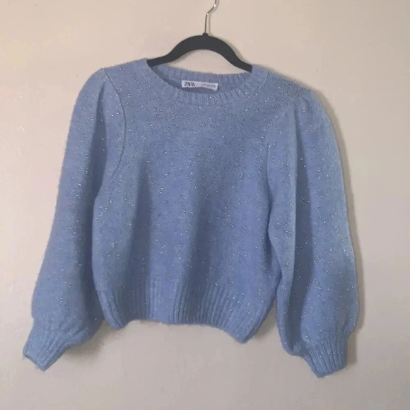 Zara Baby Blue Sweater with Metallic Thread Size Small - Picture 2 of 9